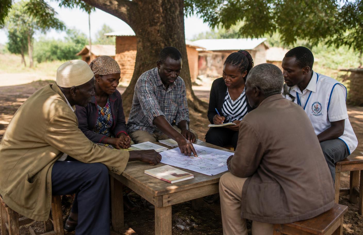 Programme staff and community leaders reviewing plans together at an outdoor meeting